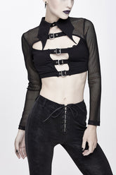 T-shirt punk pour femme à manches longues en maille avec col chauve-souris noir et fermeture à crochet sur la poitrine